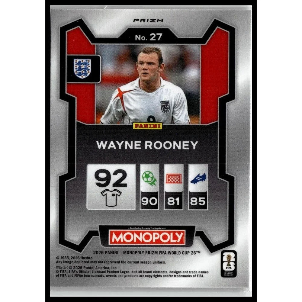 2026 Panini Prizm Monopoly FIFA Cup Wayne Rooney #27 England Silver Prizms